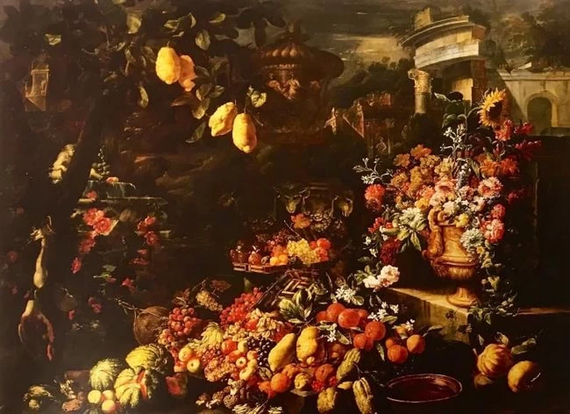Natura morta con uva, fiori e uccelli, con Giuseppe Ruoppolo - Museo Nazionale di Capodimonte, Napoli